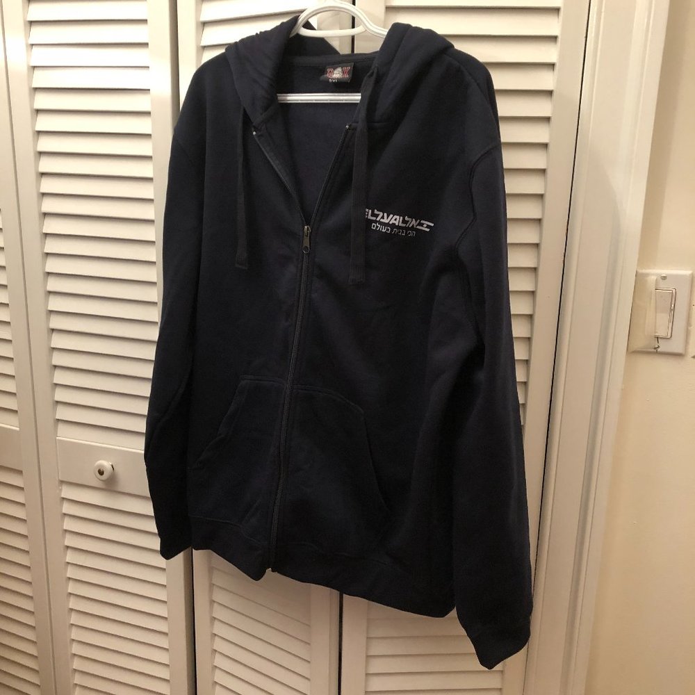 Authentic Israel airlines El Al men employee navy blue hoodie, logo on chest, 2X